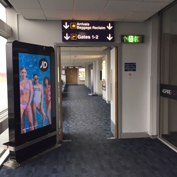 Newcastle Airport Advertising, Domestic Arrivals and Departures Pier, JD Sports, D6 Digital Screen, Animated Digital Advertising
